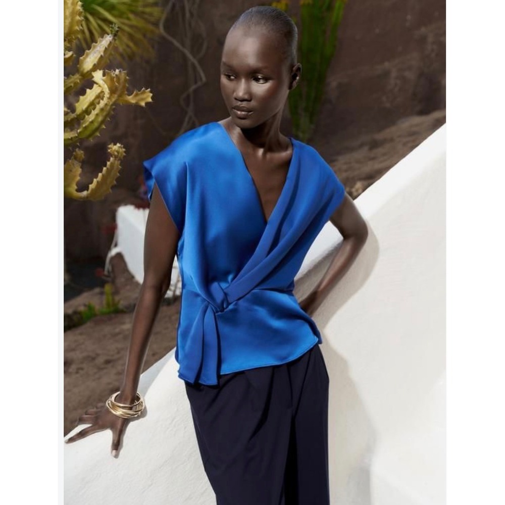 NEW Zara Women Royal Blue Draped Knot Front V-Neck Sleeveless Blouse Top Size  S
